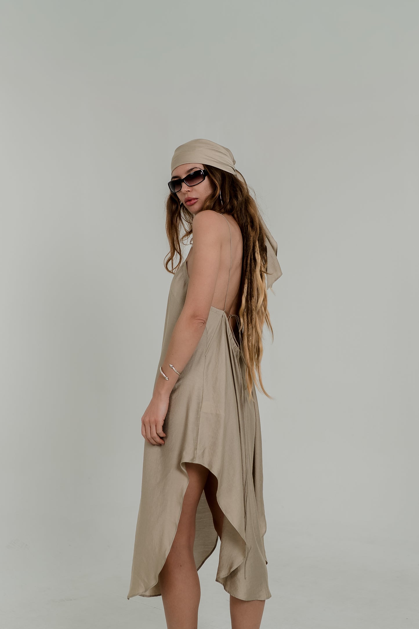 Beige Midi Slip Dress – Open Back & Adjustable Laces