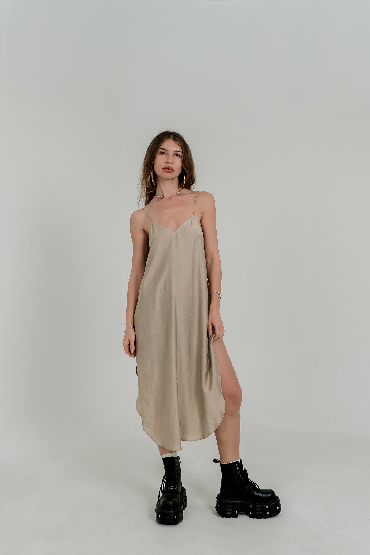 Beige Midi Slip Dress – Open Back & Adjustable Laces