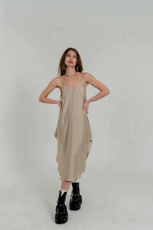 Beige Midi Slip Dress – Open Back & Adjustable Laces