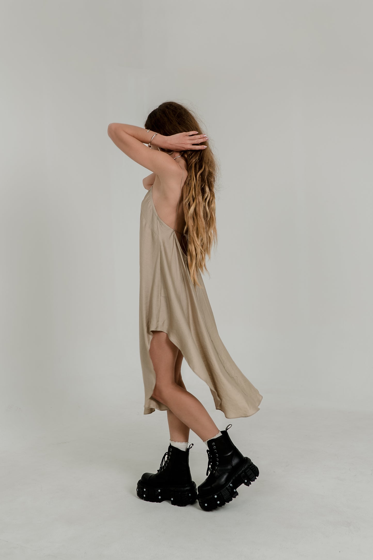 Beige Midi Slip Dress – Open Back & Adjustable Laces