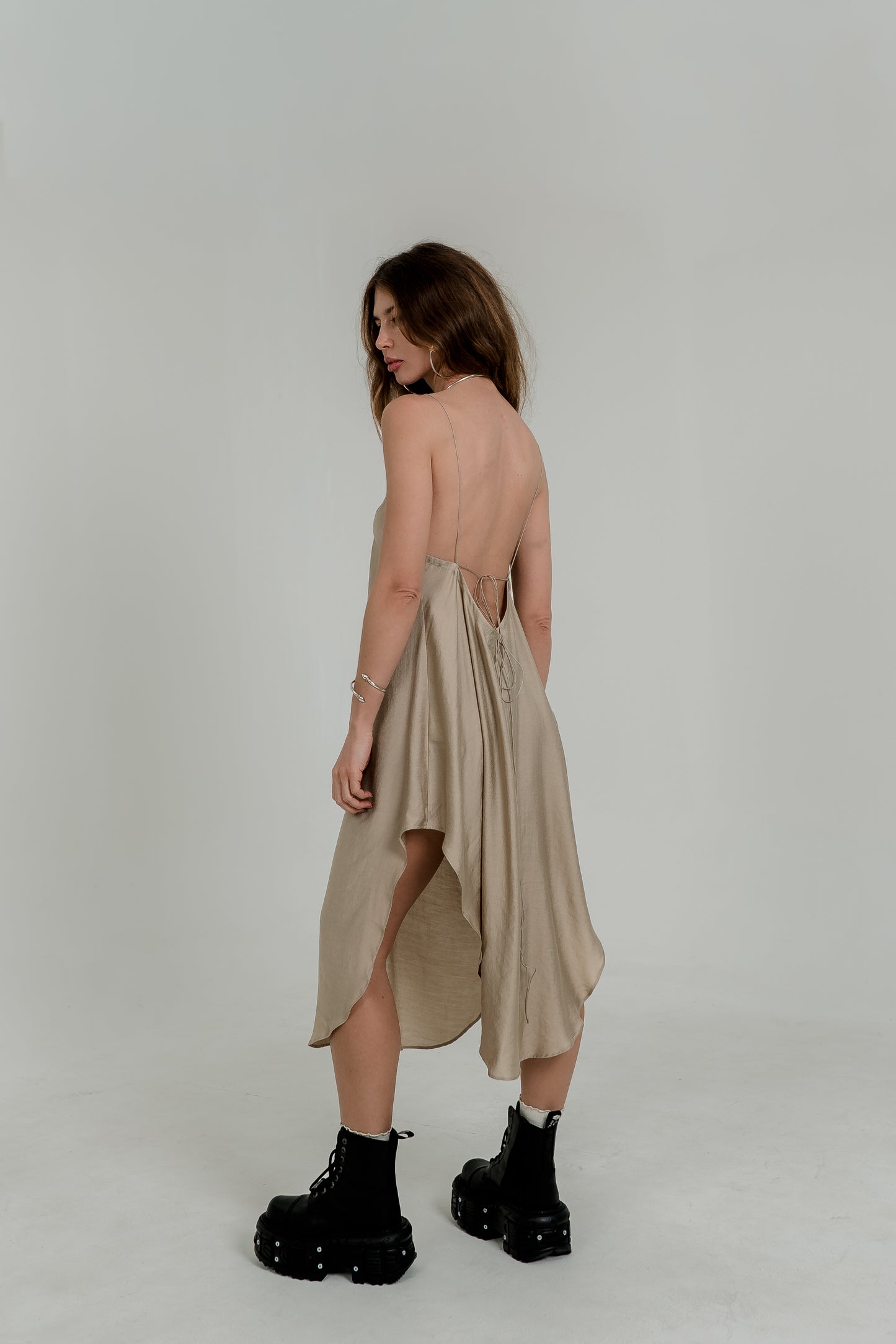 Beige Midi Slip Dress – Open Back & Adjustable Laces