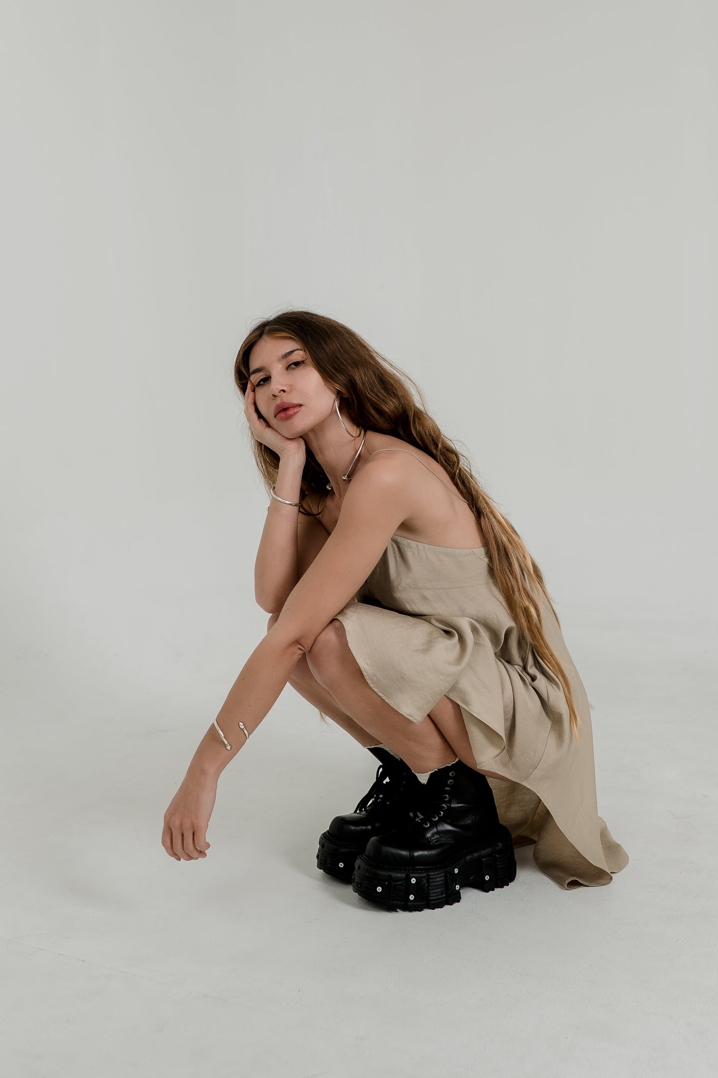 Beige Midi Slip Dress – Open Back & Adjustable Laces