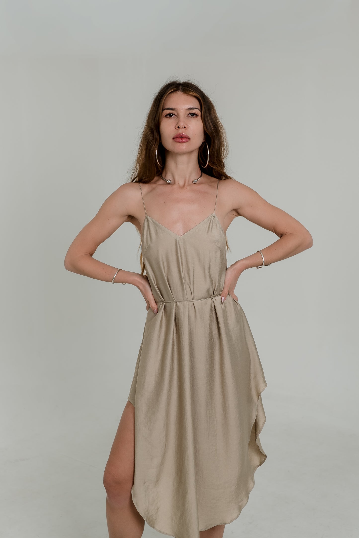 Beige Midi Slip Dress – Open Back & Adjustable Laces