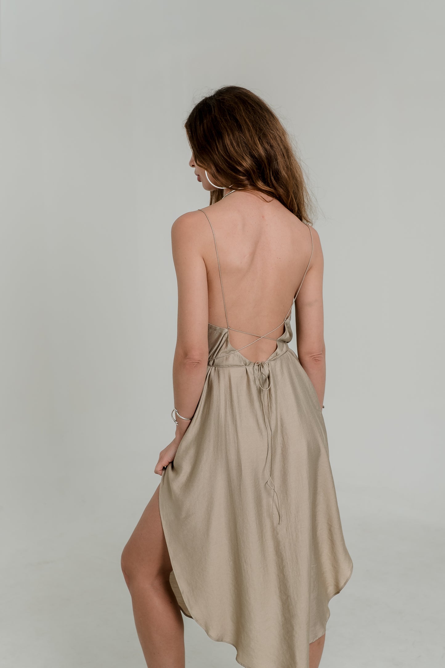Beige Midi Slip Dress – Open Back & Adjustable Laces