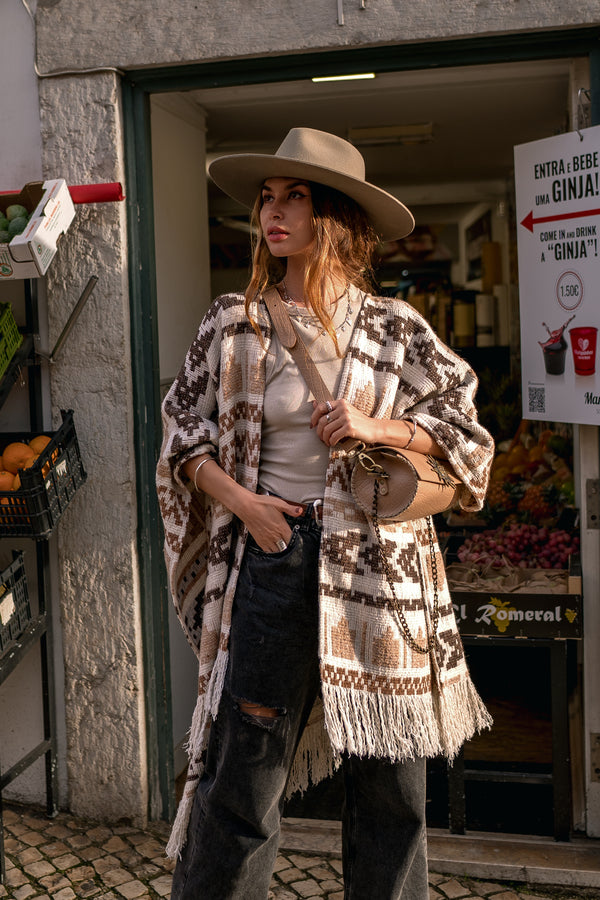 Unisex adult woolen poncho with ethnic print and fringe | Women white poncho | Man white poncho | Warm beige poncho with print Gift for her