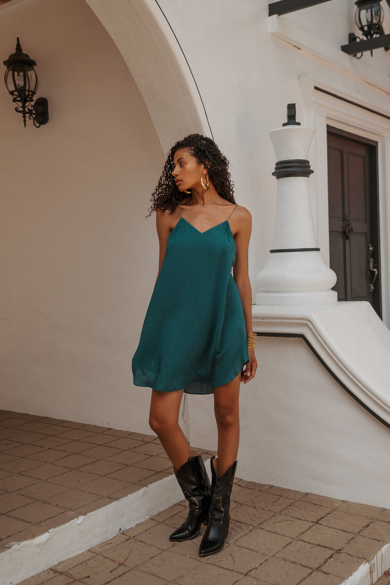 Women turquoise mini slip dress