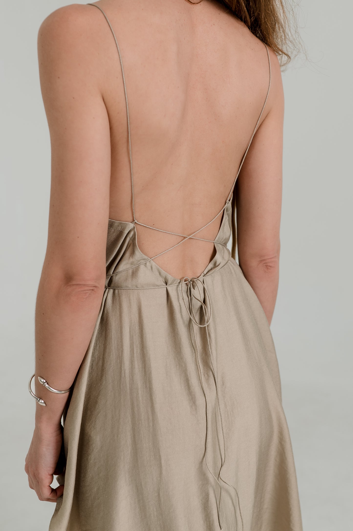 Beige Midi Slip Dress – Open Back & Adjustable Laces