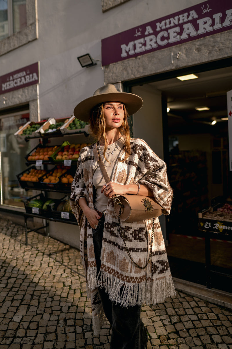 Unisex adult woolen poncho with ethnic print and fringe | Women white poncho | Man white poncho | Warm beige poncho with print Gift for her