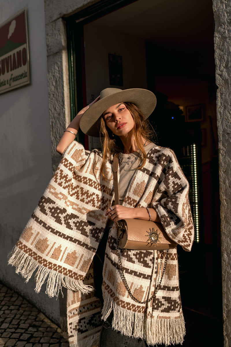 Unisex adult woolen poncho with ethnic print and fringe | Women white poncho | Man white poncho | Warm beige poncho with print Gift for her