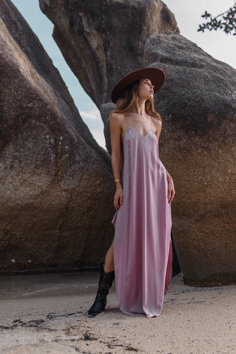 Maxi dirty pink slip dress with open back