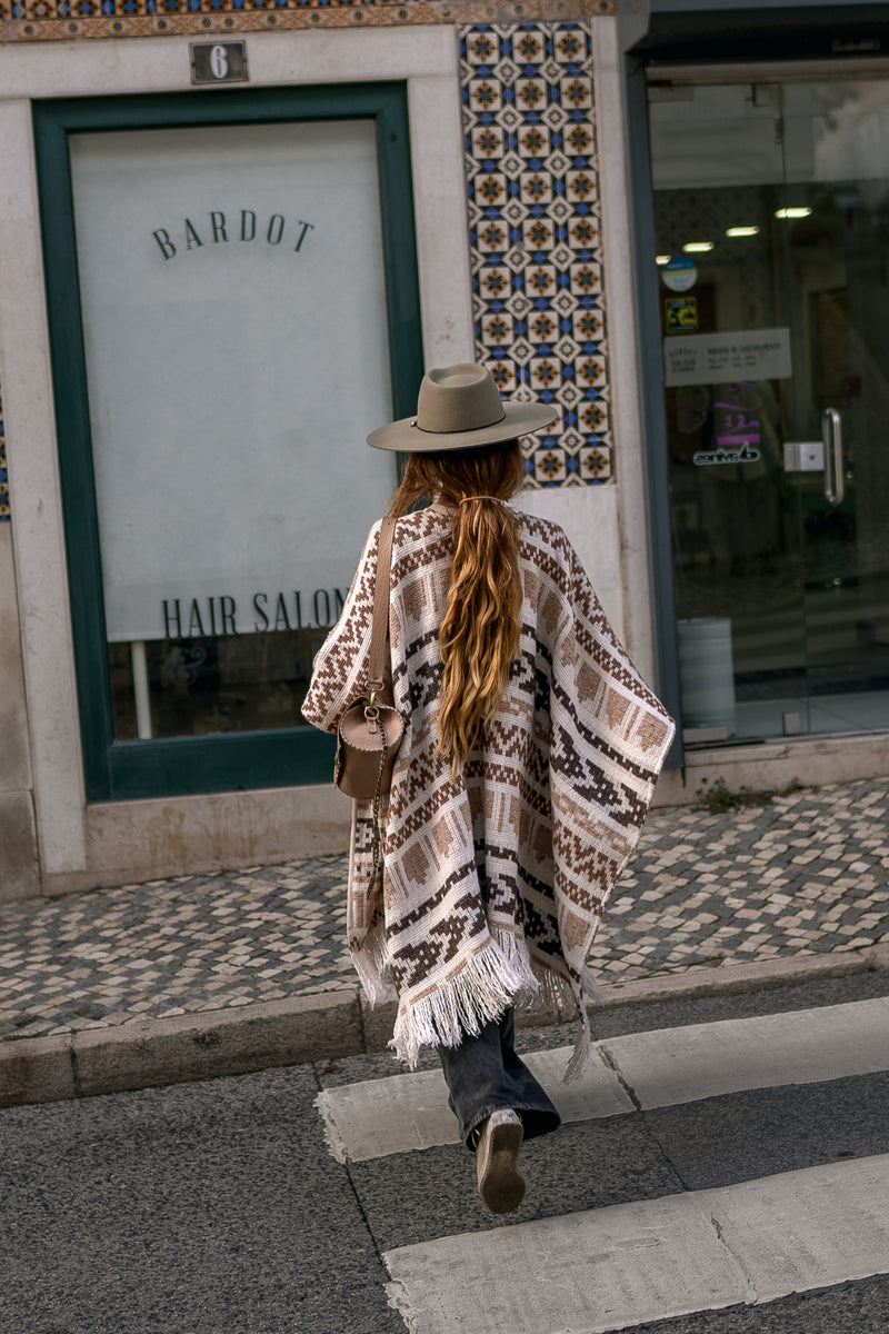 Unisex adult woolen poncho with ethnic print and fringe | Women white poncho | Man white poncho | Warm beige poncho with print Gift for her