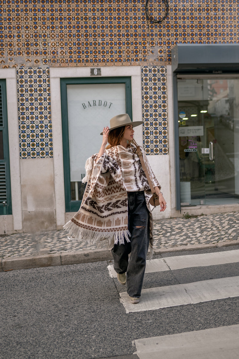 Unisex adult woolen poncho with ethnic print and fringe | Women white poncho | Man white poncho | Warm beige poncho with print Gift for her