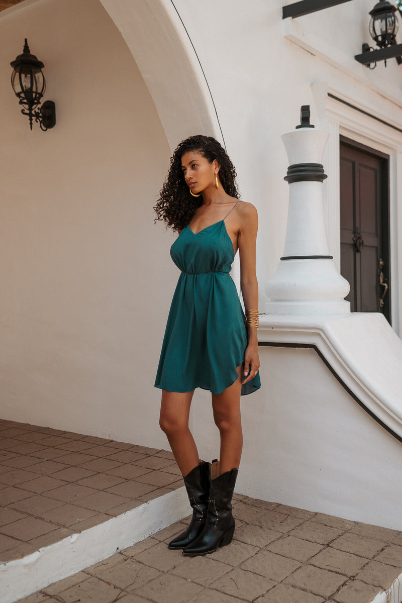 Women turquoise mini slip dress