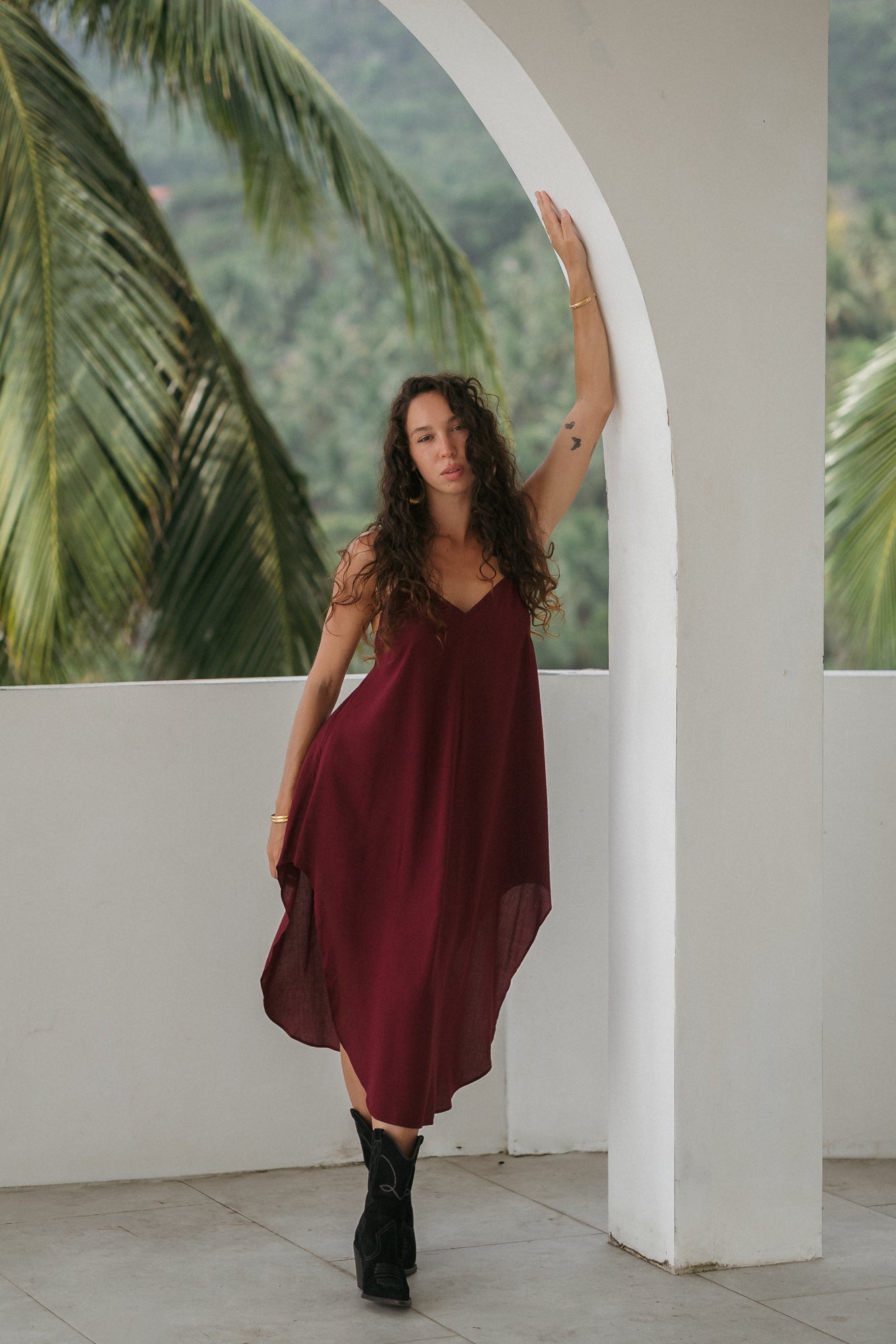 Midi burgundy slip dress with open back
