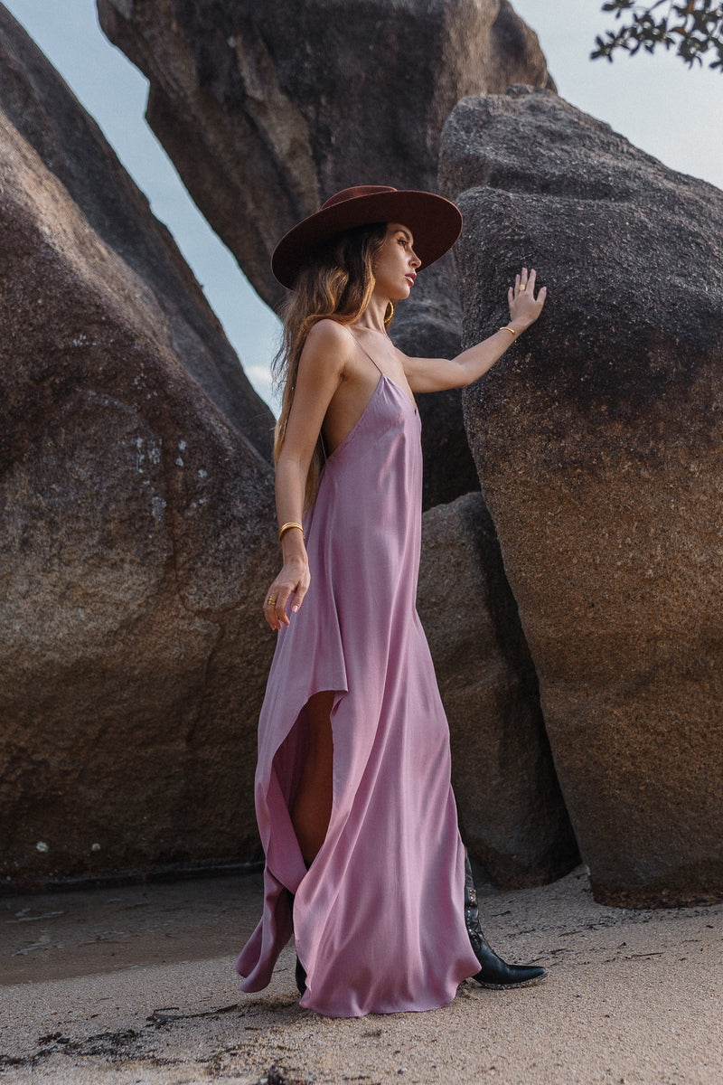 Maxi dirty pink slip dress with open back