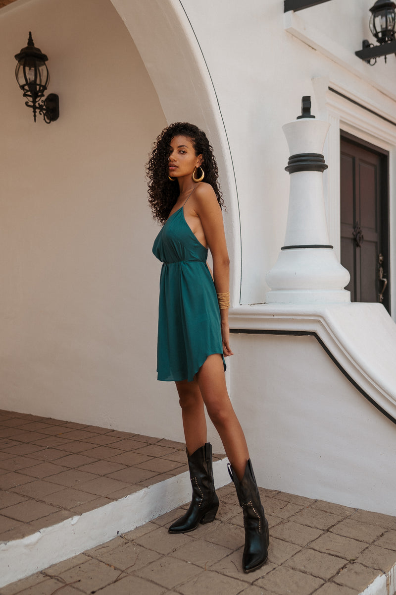 Women turquoise mini slip dress