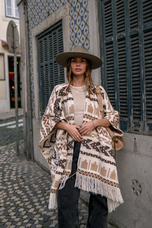 Unisex adult woolen poncho with ethnic print and fringe | Women white poncho | Man white poncho | Warm beige poncho with print Gift for her