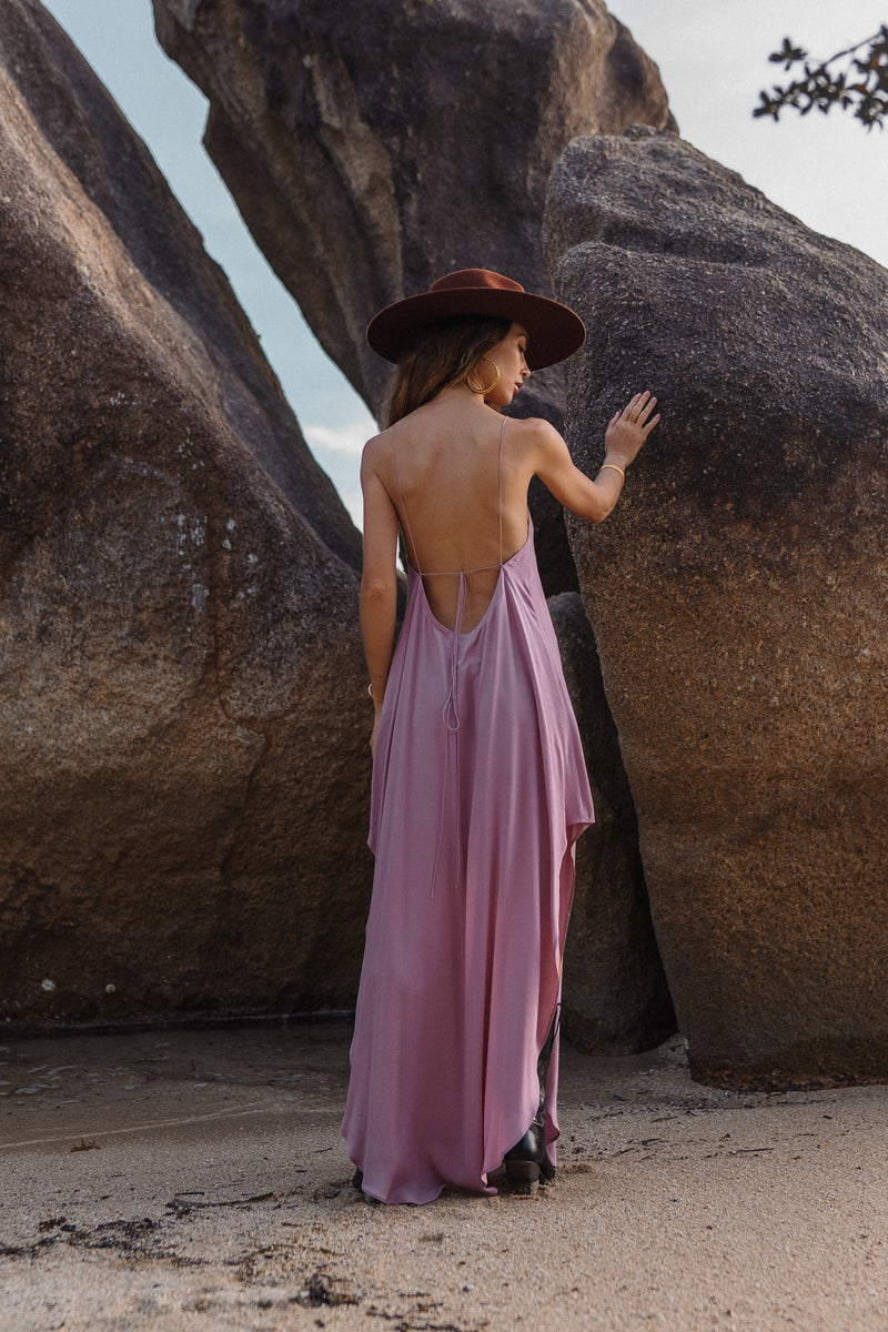 Maxi dirty pink slip dress with open back