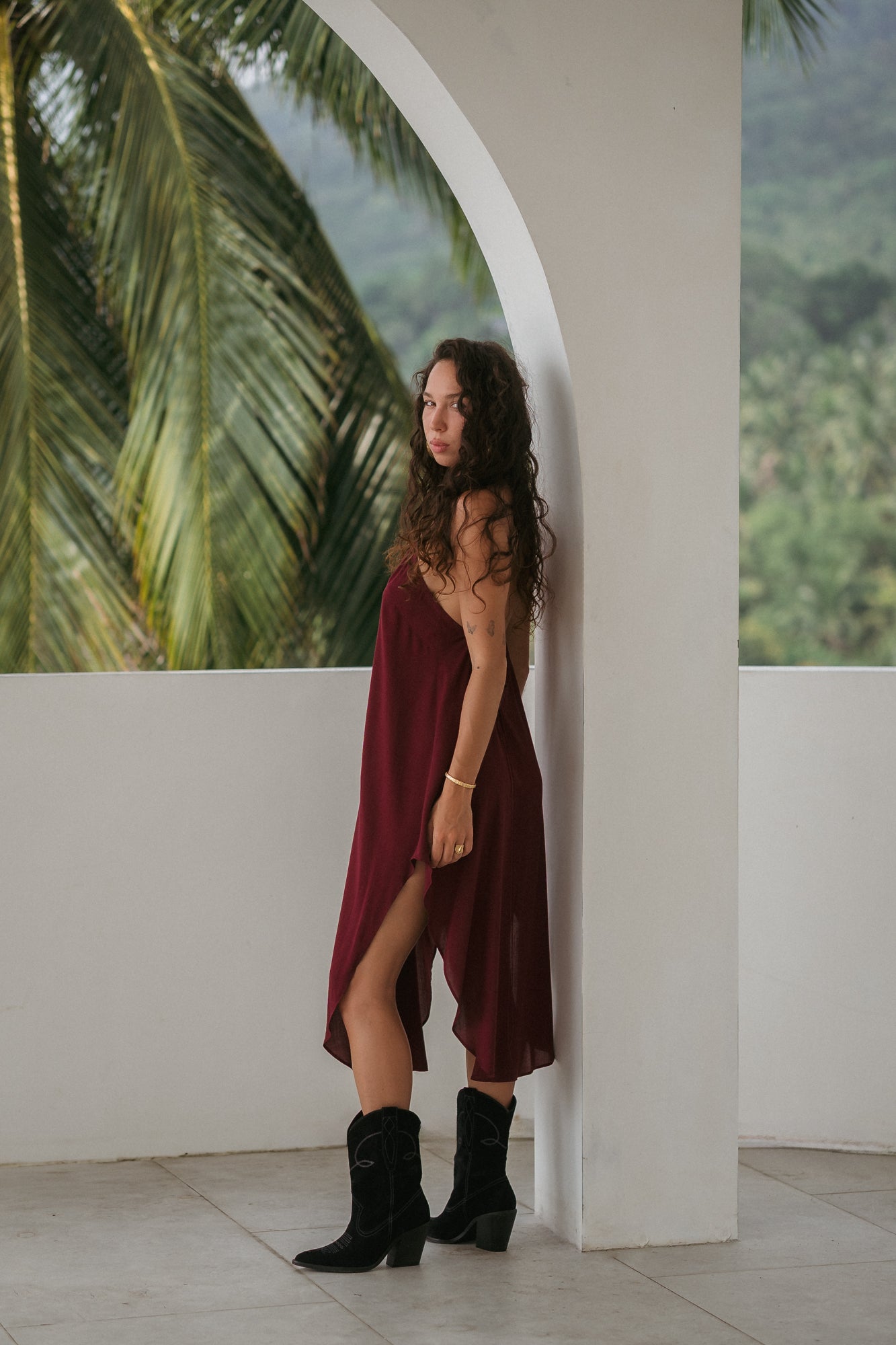 Midi burgundy slip dress with open back