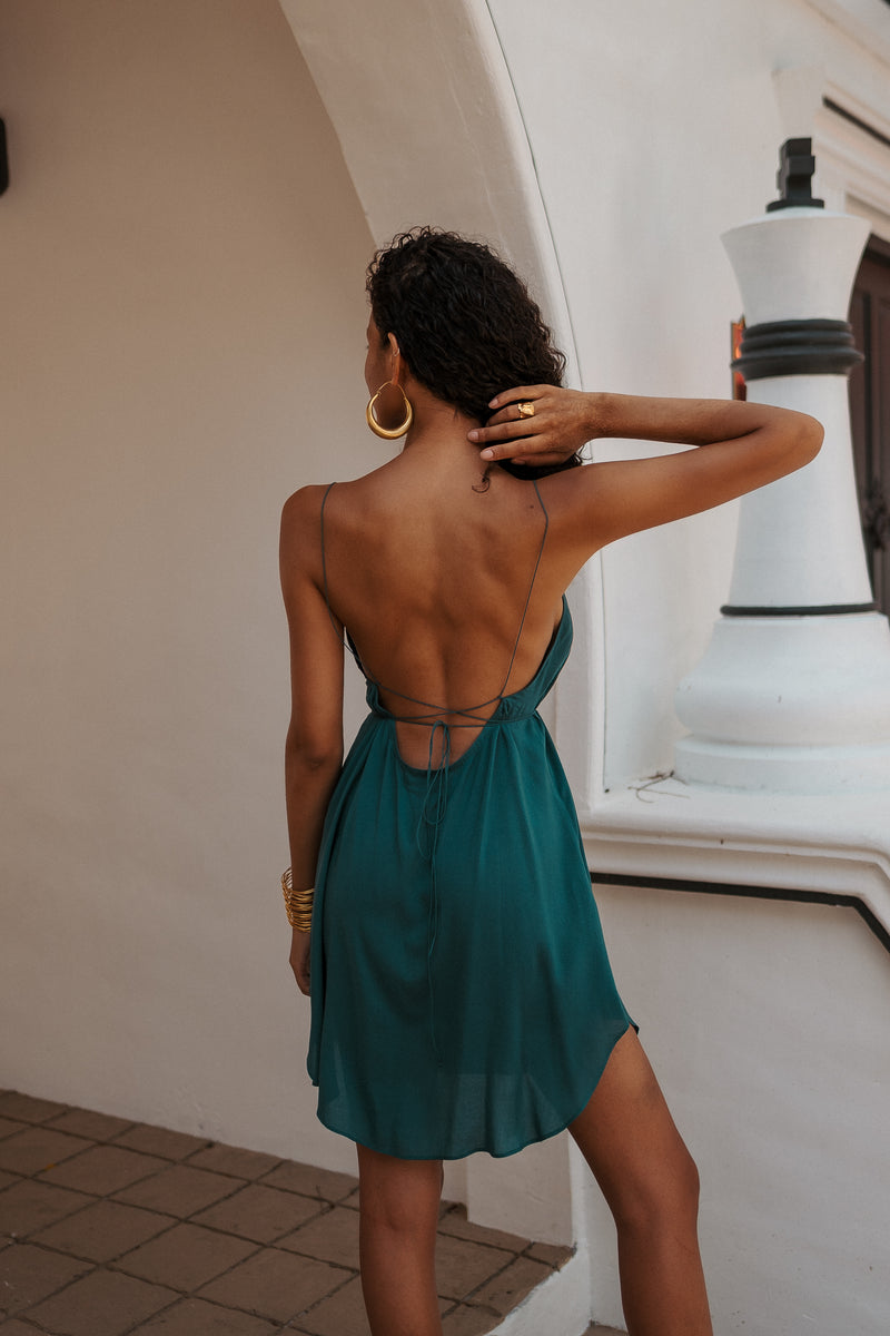 Women turquoise mini slip dress