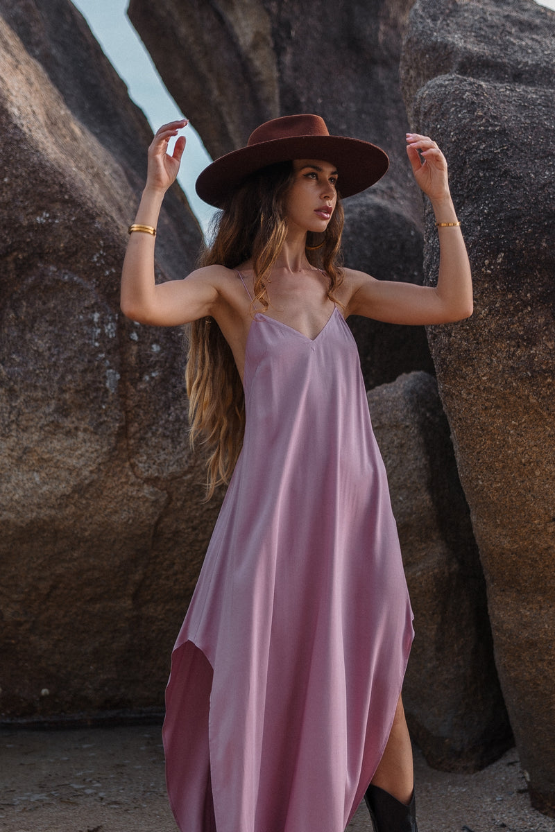 Maxi dirty pink slip dress with open back