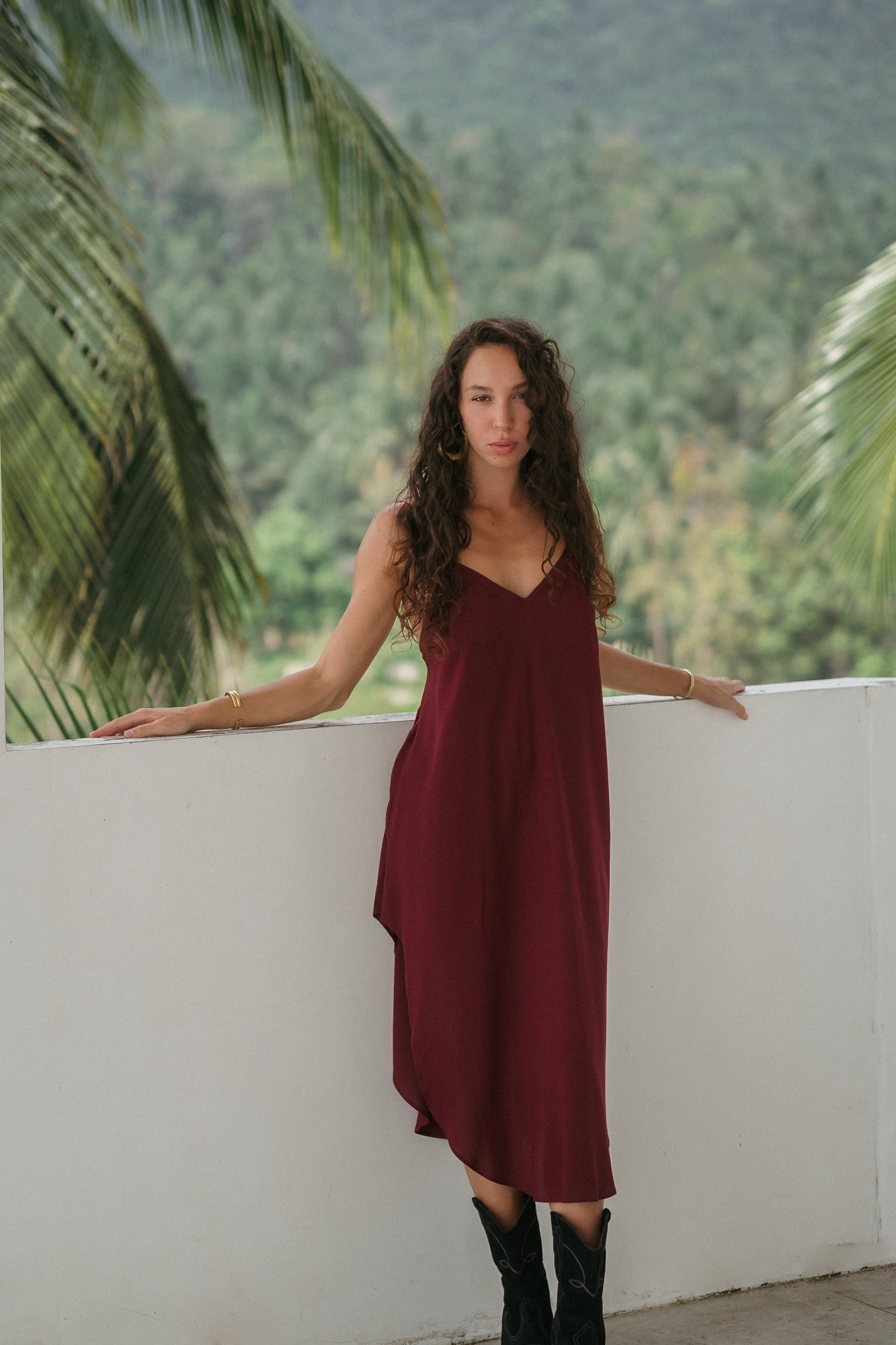 Midi burgundy slip dress with open back