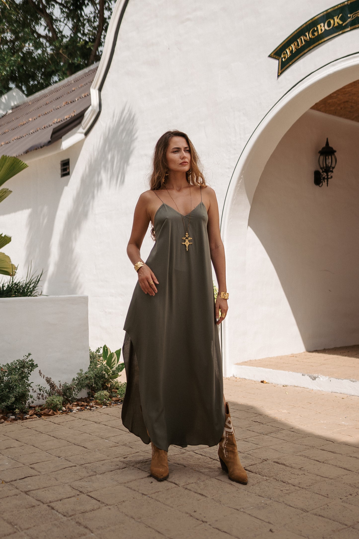 Women khaki maxi slip dress