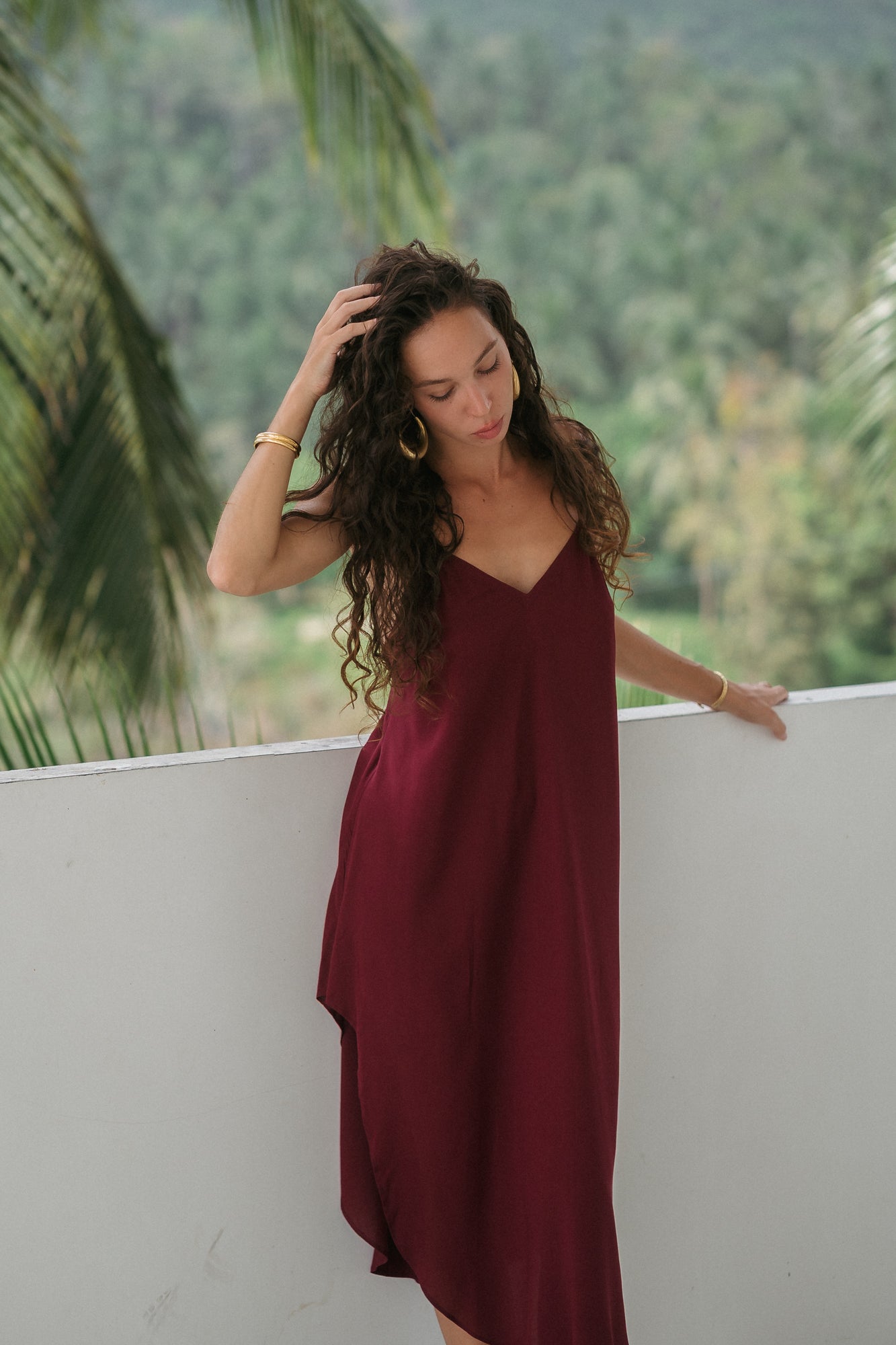 Midi burgundy slip dress with open back