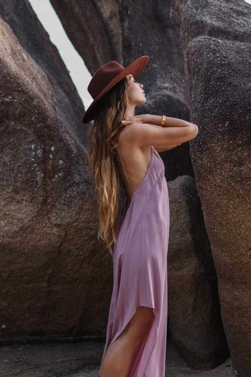 Maxi dirty pink slip dress with open back