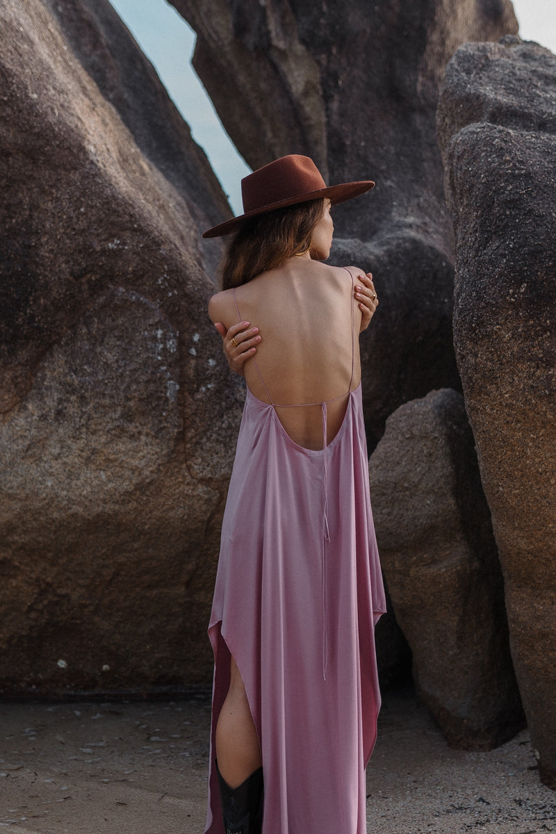 Maxi dirty pink slip dress with open back