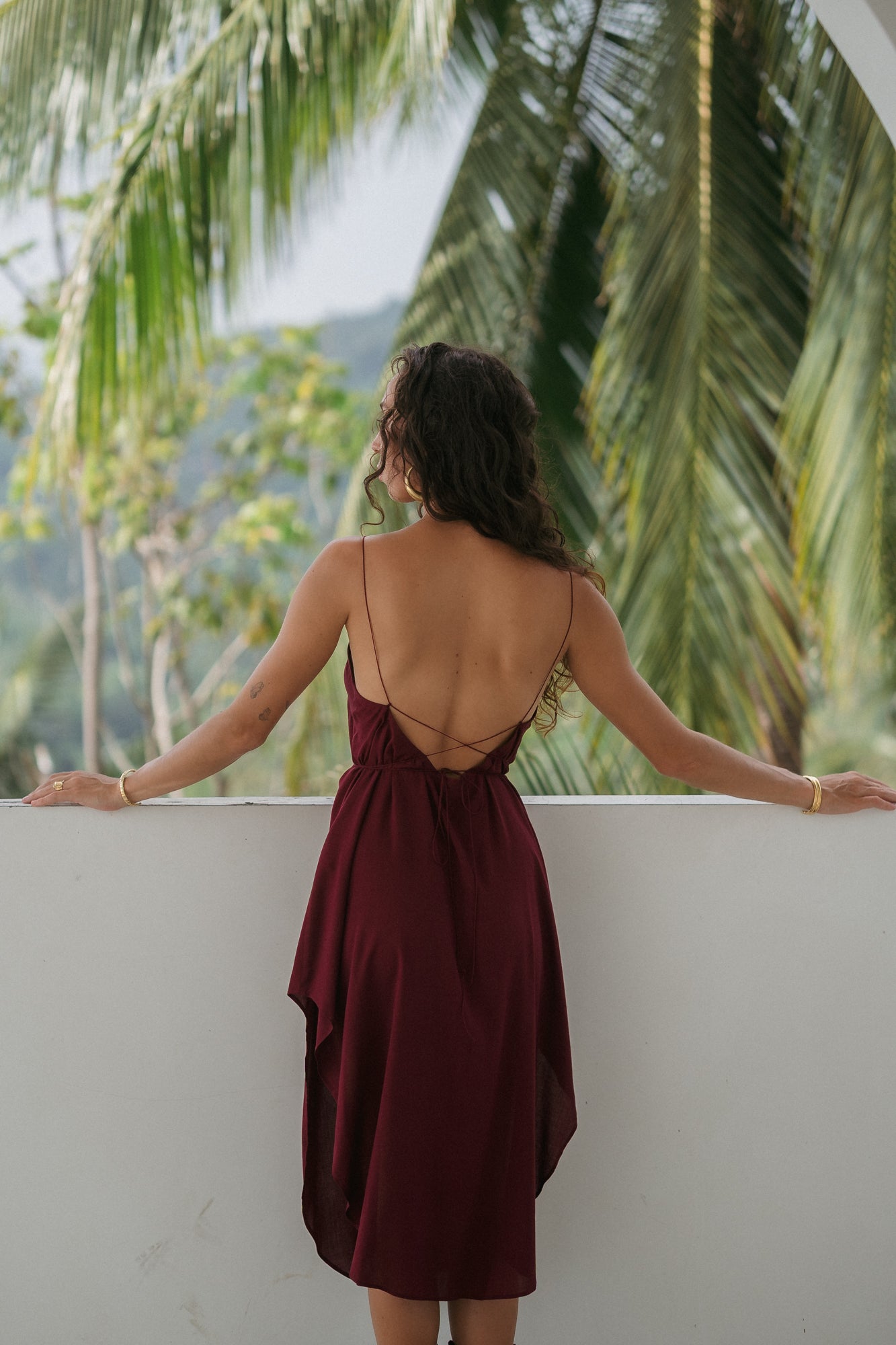 Midi burgundy slip dress with open back