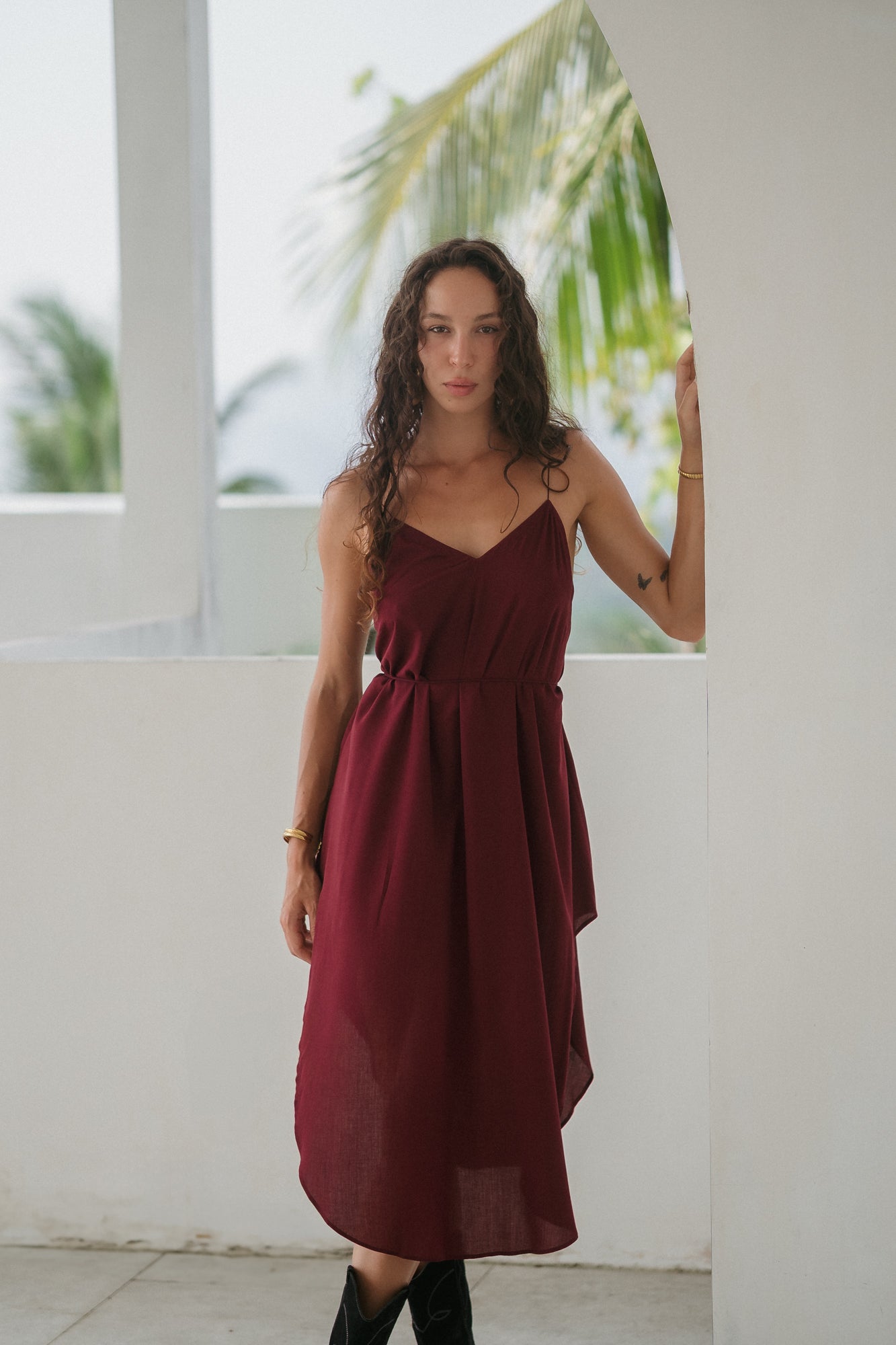 Midi burgundy slip dress with open back