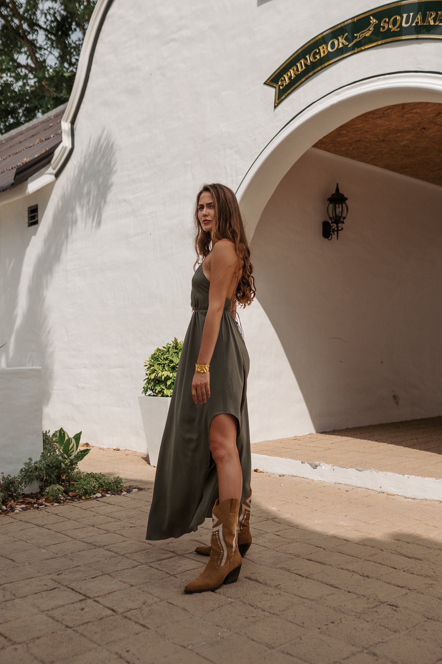 Women khaki maxi slip dress