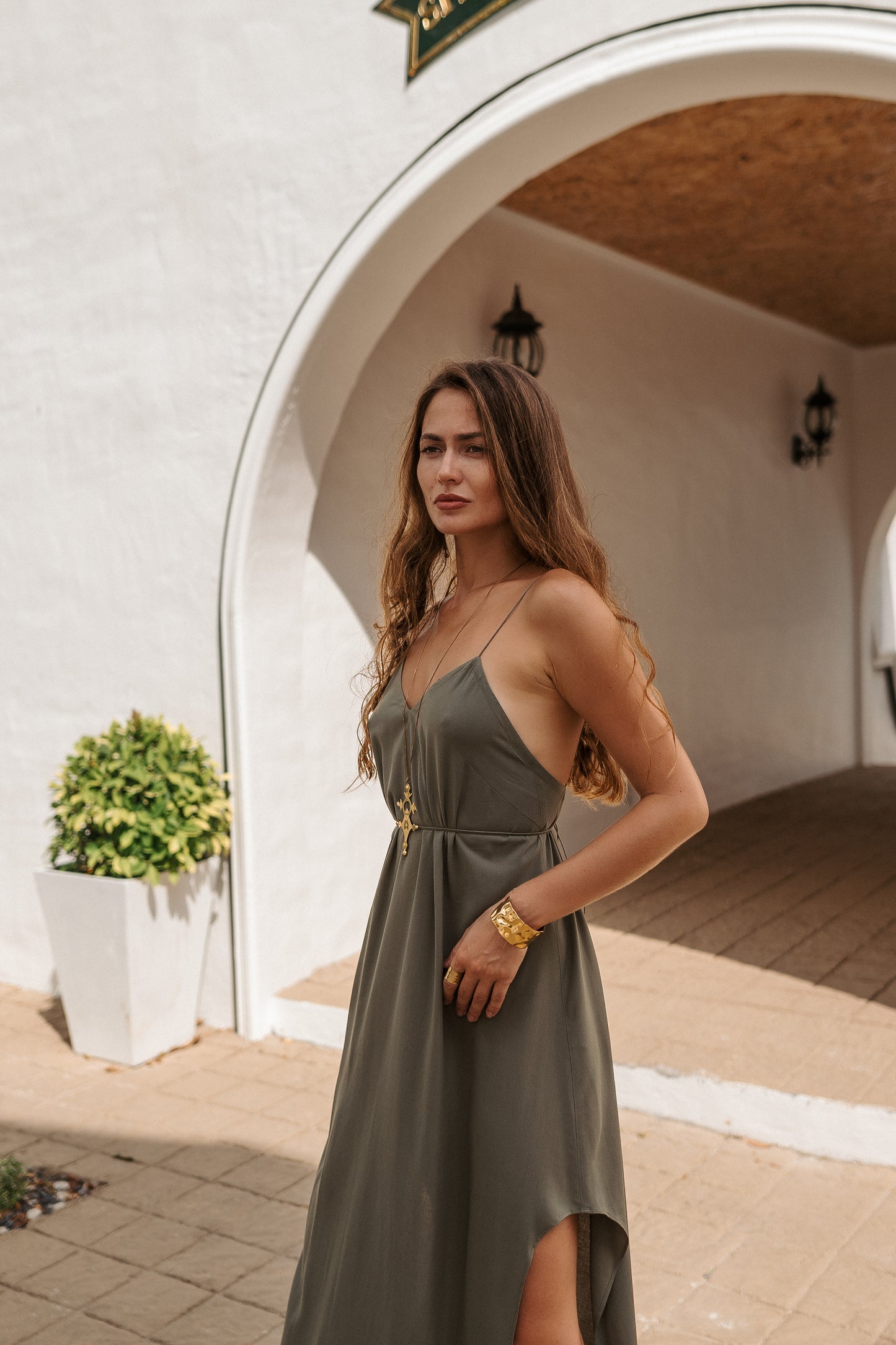 Women khaki maxi slip dress