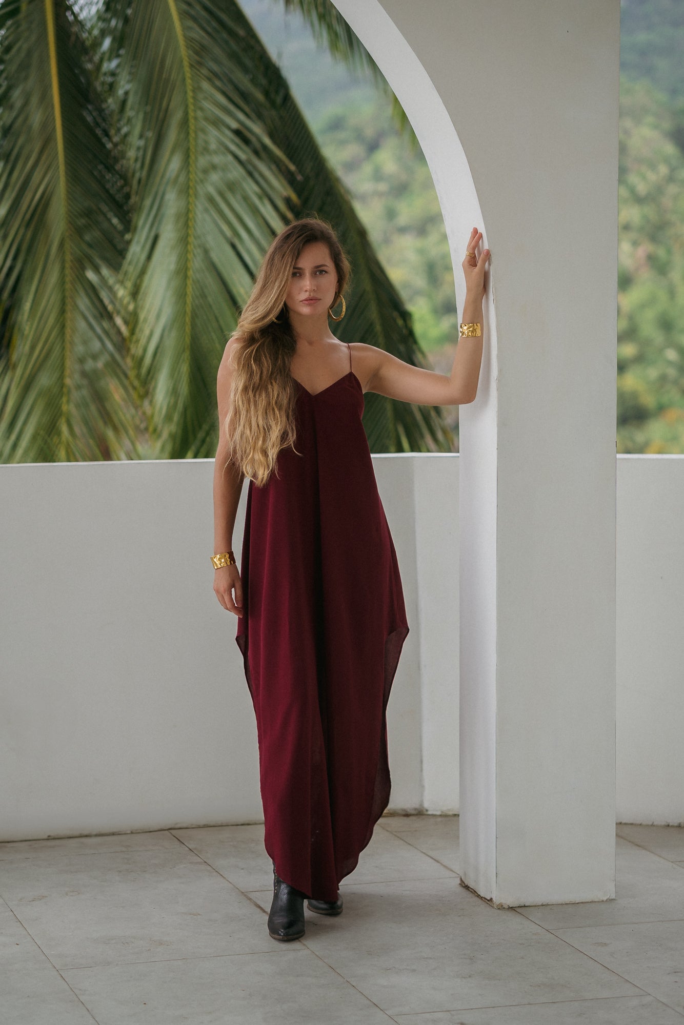 Maxi burgundy slip dress with open back