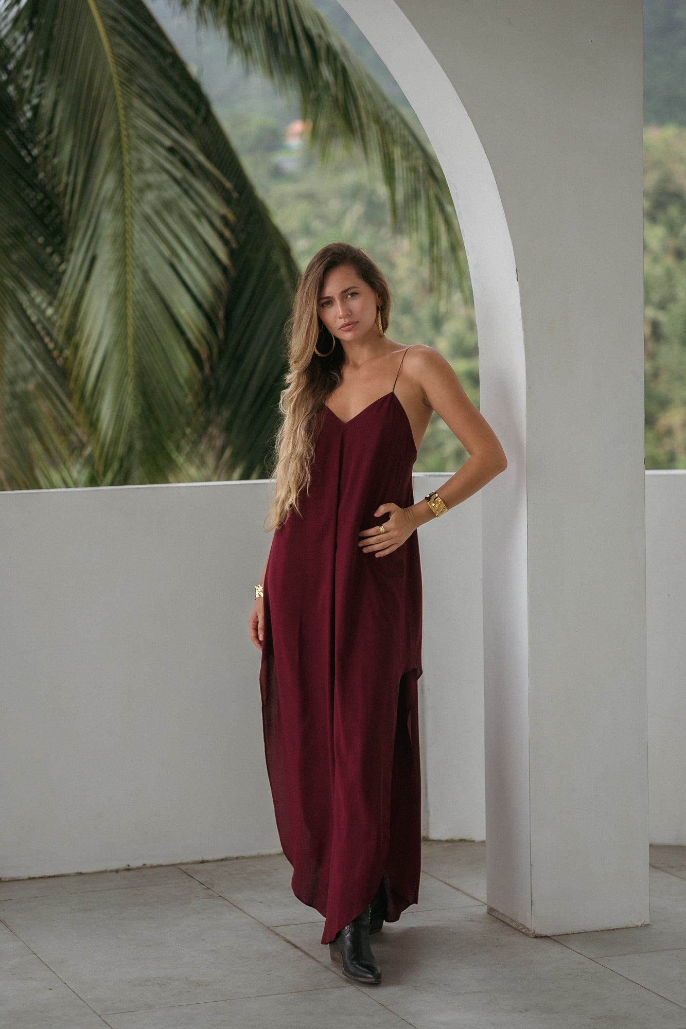 Maxi burgundy slip dress with open back