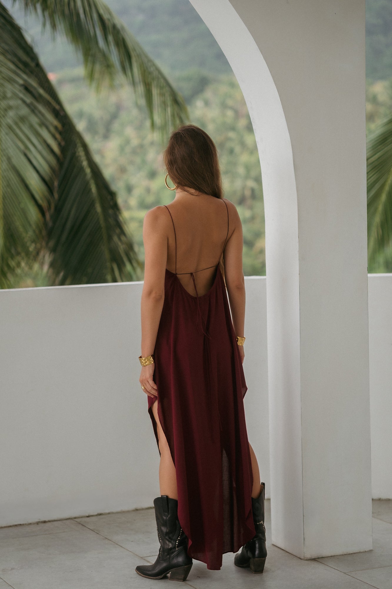 Maxi burgundy slip dress with open back