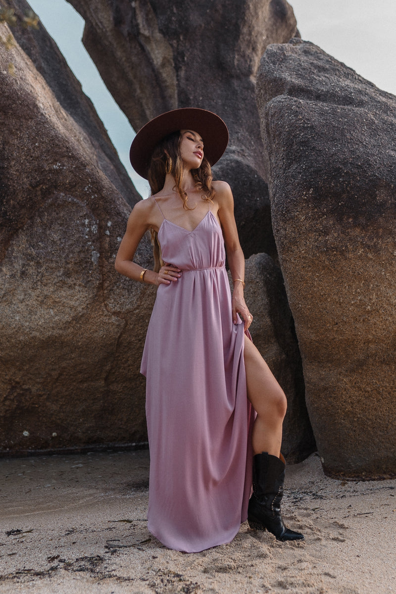 Maxi dirty pink slip dress with open back