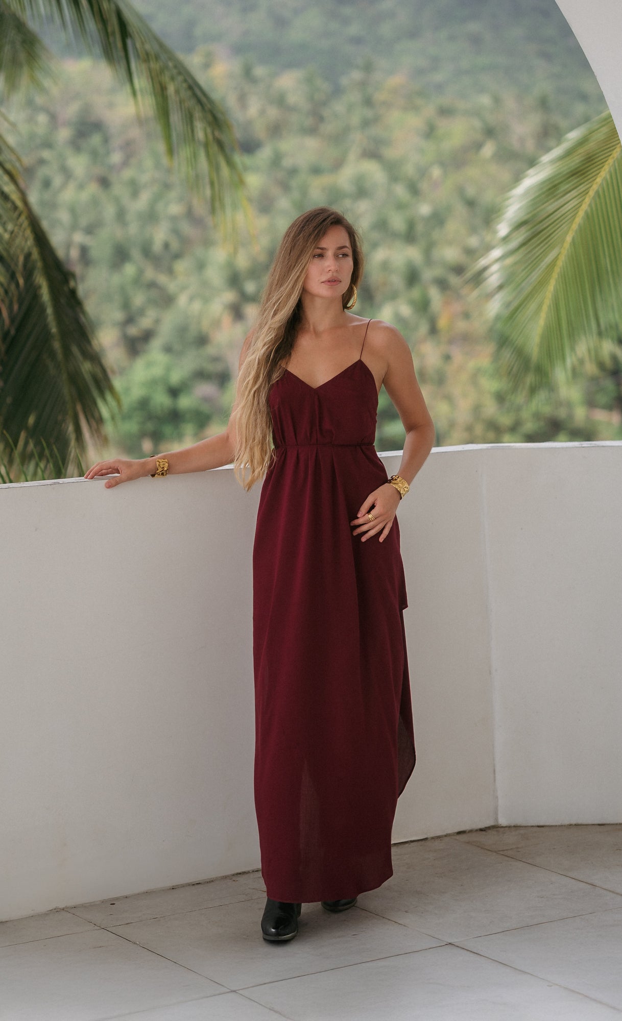 Maxi burgundy slip dress with open back