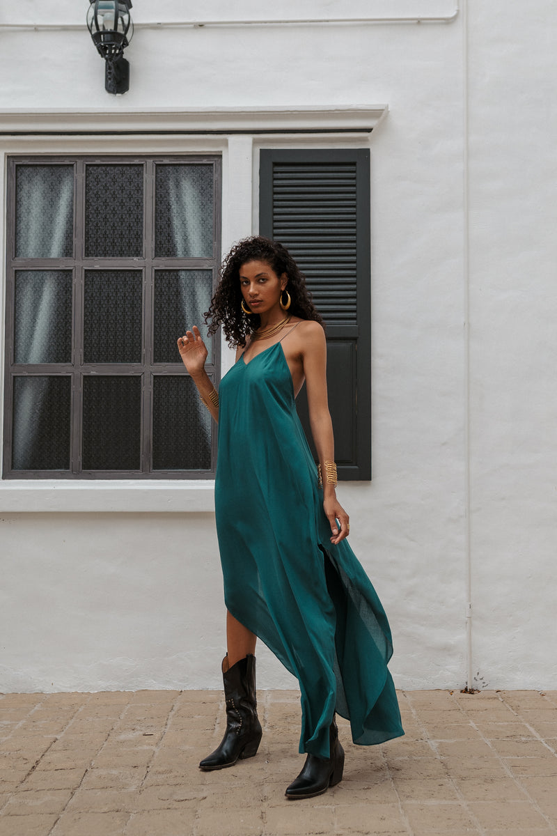 Women turquoise maxi slip dress