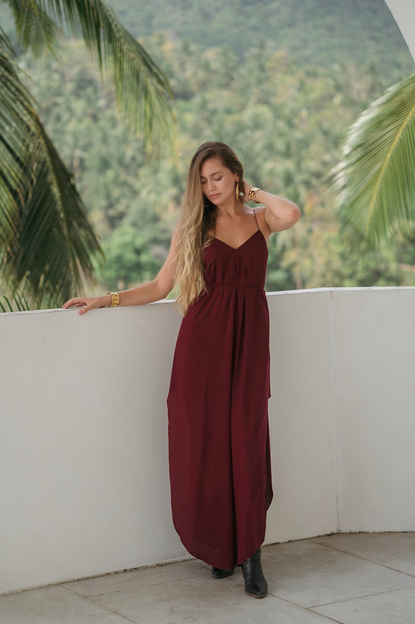 Maxi burgundy slip dress with open back