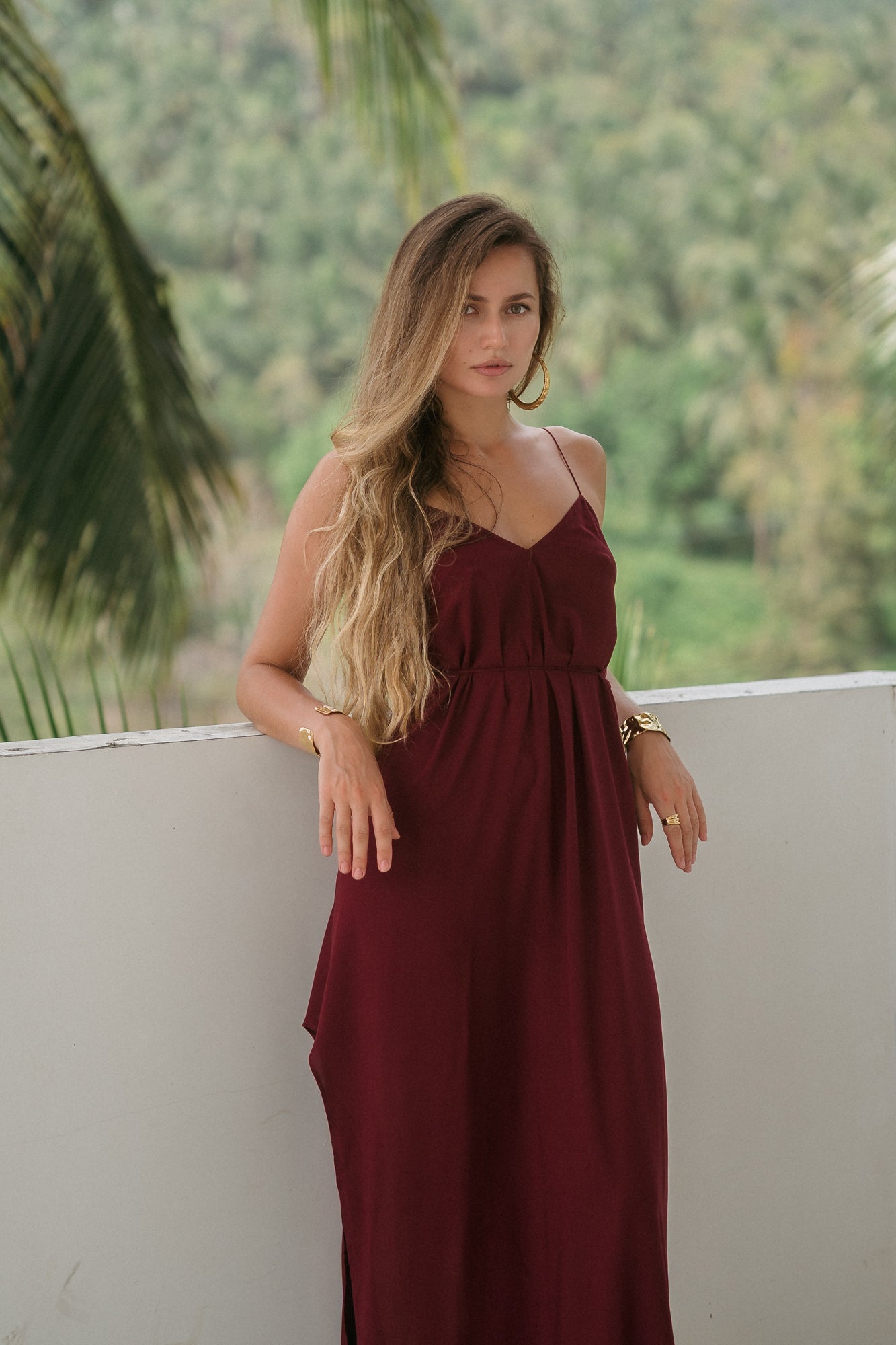 Maxi burgundy slip dress with open back