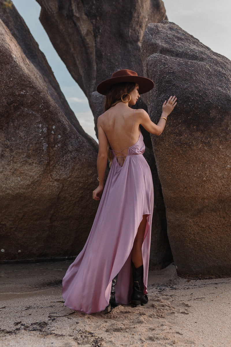 Maxi dirty pink slip dress with open back