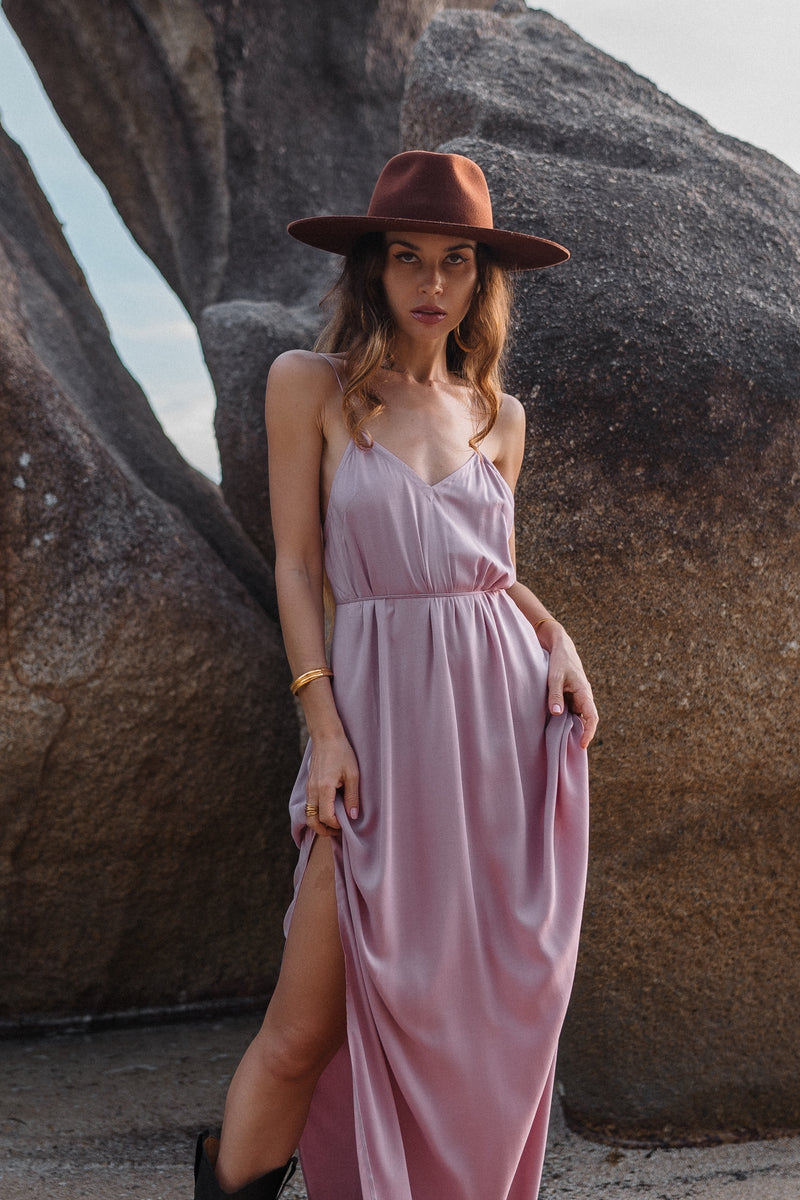 Maxi dirty pink slip dress with open back