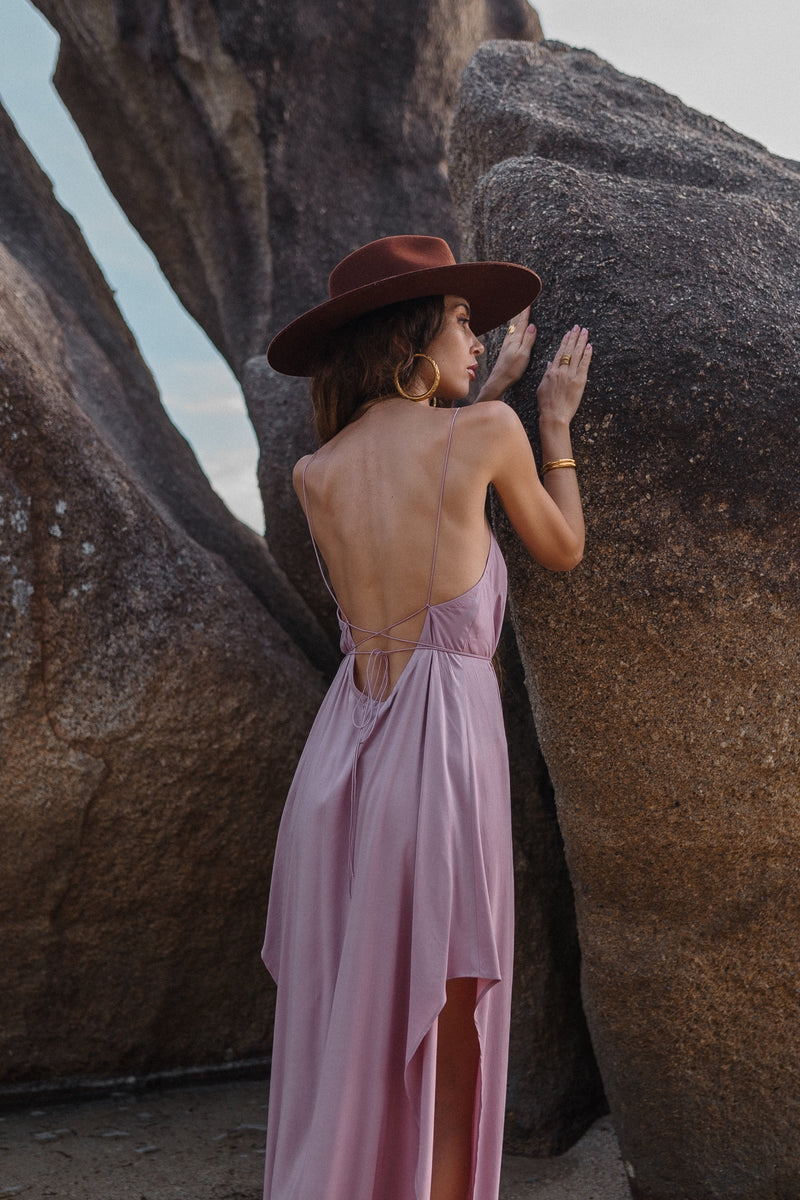 Maxi dirty pink slip dress with open back