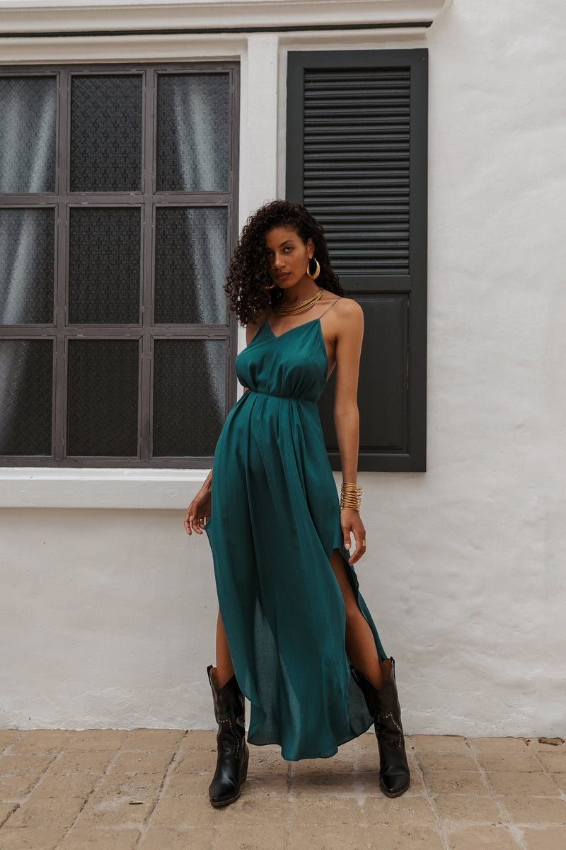 Women turquoise maxi slip dress