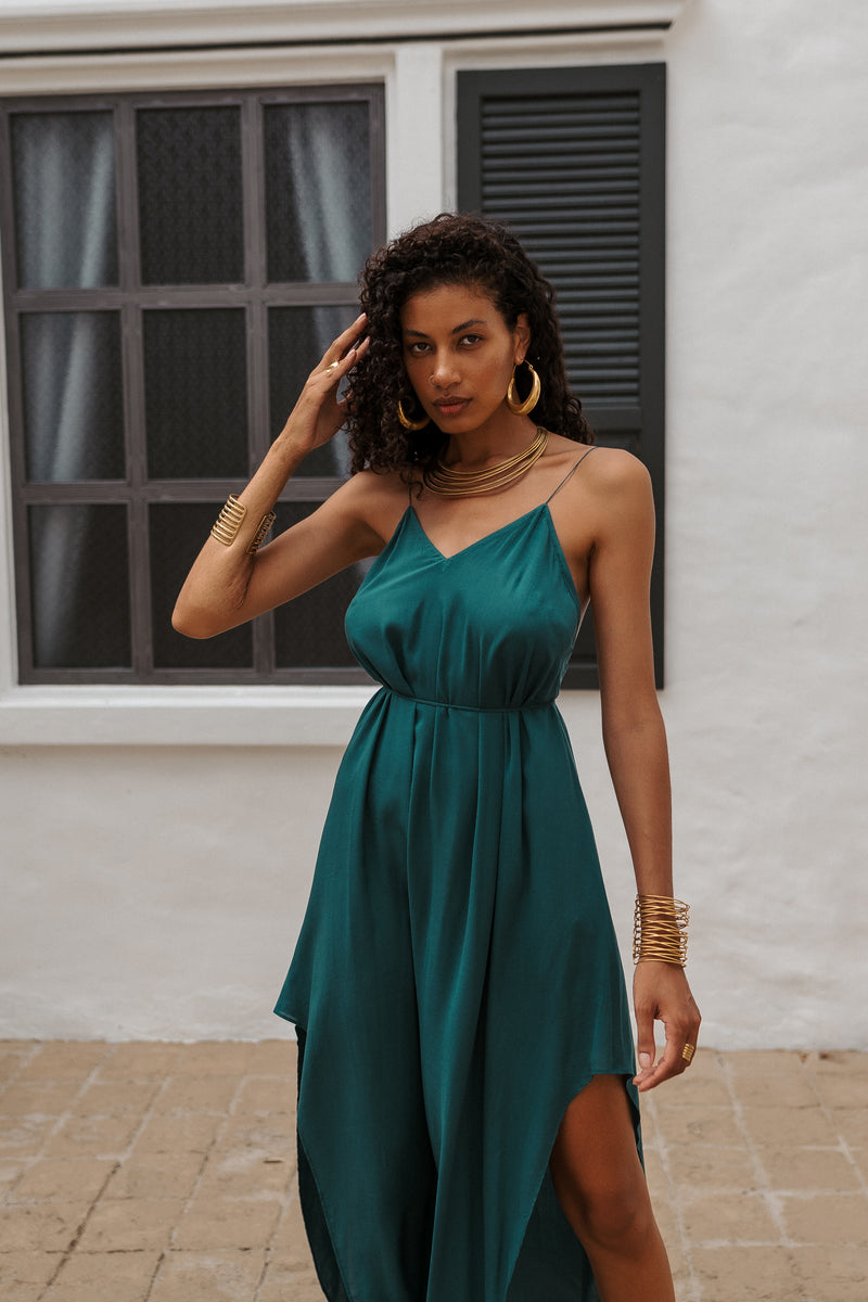 Women turquoise maxi slip dress