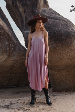 Midi dirty pink slip dress with open back