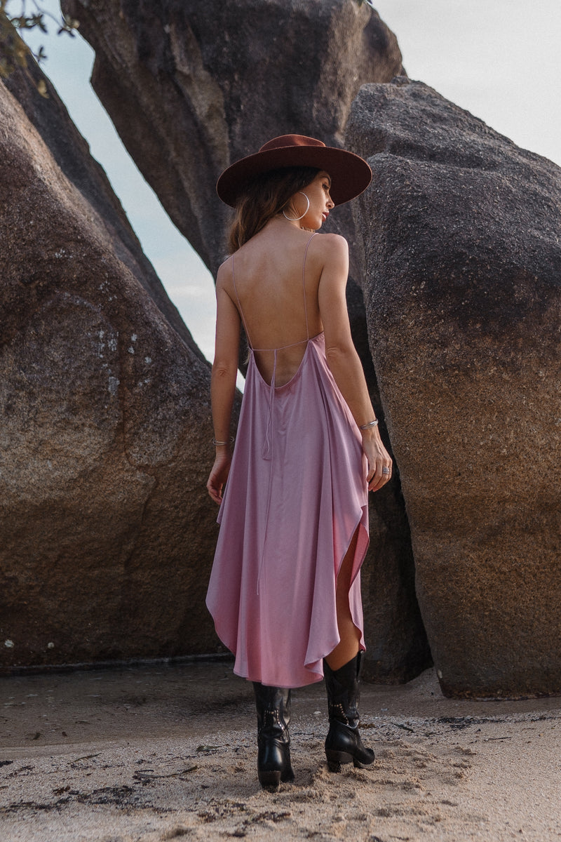 Midi dirty pink slip dress with open back