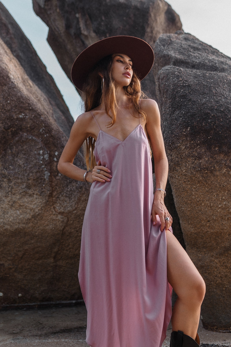 Midi dirty pink slip dress with open back